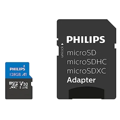 Image de Philips Ultra Pro Carte microSDXC 128 Go + SD adapteur UHS I U3, Vitesse de Lecture jusqu&#039;à 100 Mo/s, A1 Fast App Performance, V30, mémoire pour Smartphones, Tablette, PC, vidéo 4K UHD