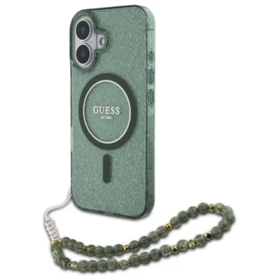 Image de Étui Guess pour iPhone 16 Plus 6.7 vert étui rigide IML Glitter With Pearl Strap MagSafe Neuf
