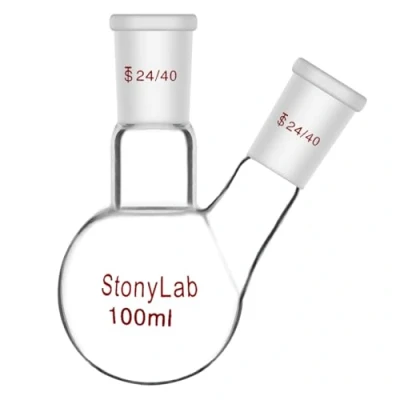 Image de stonylab Ballon à Fond Arrondi en Borosilicaté Verre 2 Cols RBF, avec 24/40 Joint Extérieur Conique Standard au Centre et sur les Côtés, Neck Round Bottom Flask 100ml