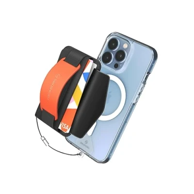 Image de [2022 Updated] Sinjimoru iPhone 14 Magnetic Phone Wallet for MagSafe, Card Holder with Cell Kickstand &amp; Grip Strap 12 13 Series. M BGrip Clementine