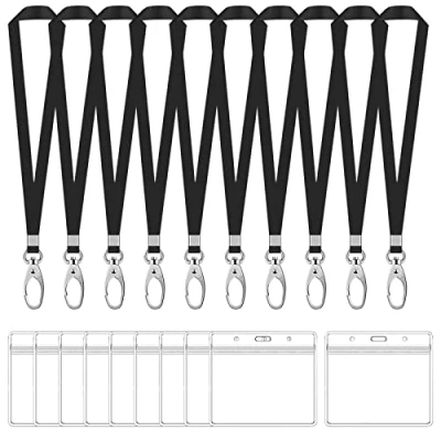 Image de 10 Sets Porte Badge avec Cordon Cou, Étanche Transparent ID Carte et Nylon Tour de Cou Crochet Pivotant, Nom Sangle pour Bureau École Exposition (Noir, Horizontal)