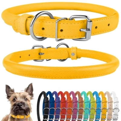 Image de CollarDirect Collier de Chien en Cuir roulé, Chiot Rond rembourré Doux, véritable Fait à la Main pour Petit Grand Chat 13 Couleurs (23 28 cm, Jaune texturé)