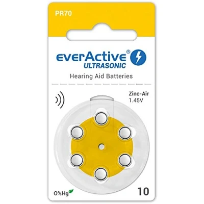 Image de everActive Lot de 10, 6 Piles pour appareils auditifs Haute Performance Zinc Air 1 Carte Blister Durée 4 Ans Jaune Ultrasonic PR70 EVHAB10