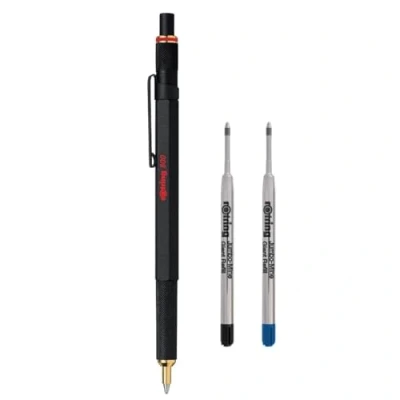 Image de Stylos à bille rOtring 800 Pointe moyenne Encre noire Corps Noir Recharges de stylo rechargeables moyennes et bleu