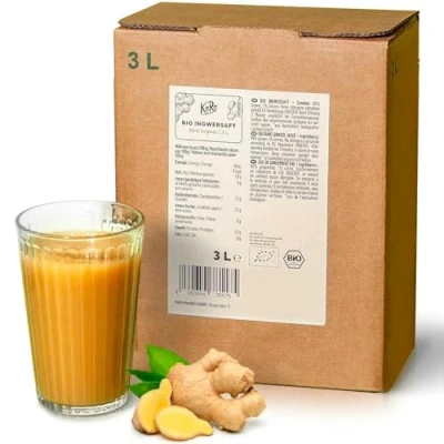 Image de KoRo Pur Jus de Gingembre Bio et Organique Bag in Box 3 L, Sans Sucre Ajouté, Colorant ni Conservateur, Riche en vitamine C