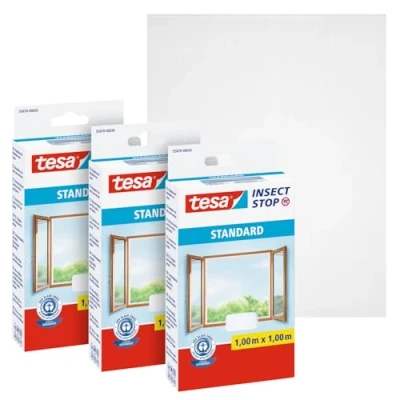 Image de tesa Insect Stop Auto Agrippant STANDARD pour Fenêtres Filet Anti Moustiques Adhésif Découpable à la Dimension Souhaitée Blanc, Lot de 3, 100 cm x