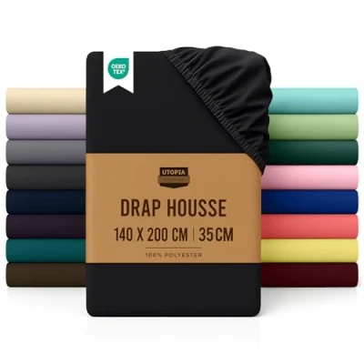 Image de Utopia Bedding Drap Housse Noire, 140 x 200 cm Bonnets 35 pour Matelas Épais Polyester Microfibre Brossée
