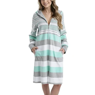 Image de Aquarti Peignoir de Bain avec Fermeture éclair et Capuche Robe Chambre Zippée pour Femme, Bleu Foncé, XL