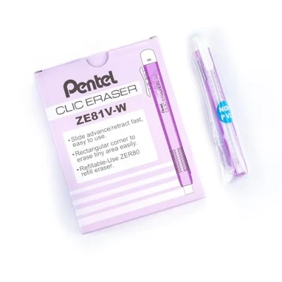 Image de Pentel Clic Eraser ZE81 Stylo gomme rectangulaire rechargeable, Corps violet transparent, Lot de 12
