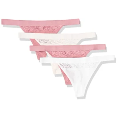 Image de Amazon Essentials String en Coton et Dentelle Femme, Lot de 4, Blanc Vif/Rose Pâle/Mauve, 46