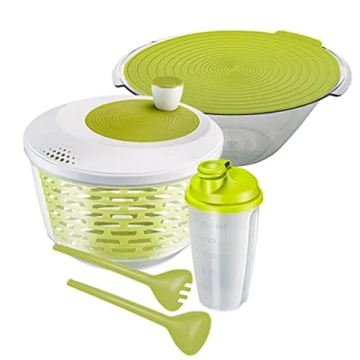 Image de Westmark Set à Salade, 4 pièces, Essoreuse Saladier, Couverts et Shaker Vinaigrette, Plastique, Transparent/blanc/vert, 243022E6