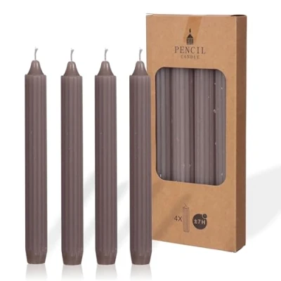 Image de COMFORDER Lot de 4 bougies table unies + nervurées 20 cm Durée combustion : 7 heures Sans parfum (taupe)