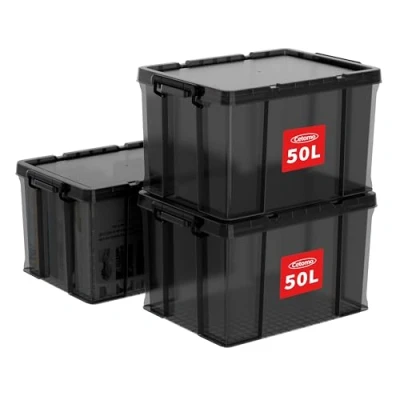 Image de Cetomo Lot de 3 boîtes rangement en plastique avec couvercle durable et boucles verrouillage sécurisées, empilables emboîtables, noir transparent boucle noire