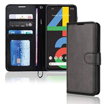 Image de TECHGEAR Coque Pixel 4a Étui Portefeuille en Cuir, Housse avec Rabat de Protection Fentes pour Cartes Béquille et Dragonne, Stand Fonction, Faux Cuir PU Compatible Google [Noir]