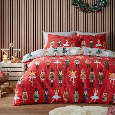 Image de Fusion Housse de Couette Noël Rouge Casse Noisette King Size (230 x 220 cm) Ballerine Design réversible (Gris et Rouge) Parure lit avec 2 taies