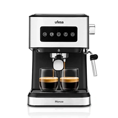 Image de Ufesa Monza Machine à Café Expresso et Cappuccino 20 Bars, Écran Tactile Digital, Vapeur Orientable, Moulu ou ESE Dose Unique, Réservoir de 1,5 L, Fonction Chauffe Tasses, 1050W, Inox