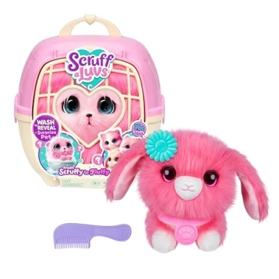 Image de Scruffs de Compagnie ScruffaLuvs Rose Peluche mystère, 19 cm Lave et découvre Un Chiot, Lapin ou Chaton avec Caisse Transport Deluxe 22