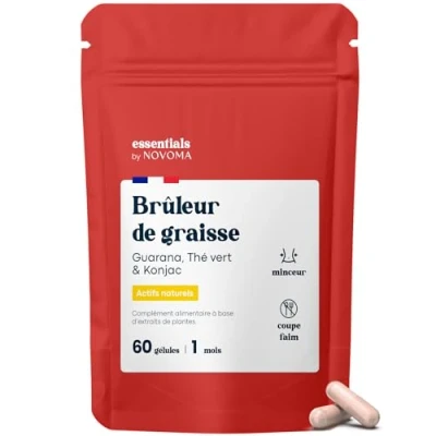 Image de Brûleur de Graisse Puissant, Formule Minceur avec Guarana, Thé Vert &amp; Konjac, Complément Coupe Faim Naturel, Cure 1 mois, 60 Gélules, Fabriqué en France, Essentials by Novoma