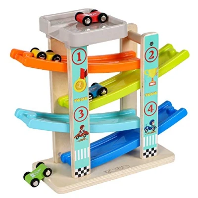 Image de Toys of Wood Oxford Circuit Rampe Voiture Jouet en Bois avec Parking sur Le Toit Jeu de Course 4 Voitures Enfant pour Garcon et Filles 1 2 3 Ans