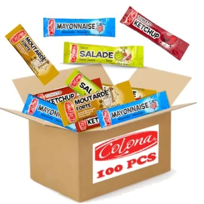 Image de COLONA Assortiment de 100 sticks sauce Ketchup, Mayonnaise, Salade, Moutarde doses individuelles