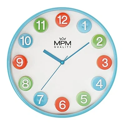 Image de MPM Quality Horloge Murale colorée pour Enfants en Plastique Bleu/coloré Grand Chiffres 3D colorés Mouvement à Quartz Balayage Jeu Intact, ∅ 304 mm