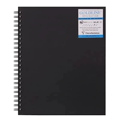 Image de Clairefontaine 960084C Carnet Spiralé Micro perforé Goldline 40 Feuilles Papier Dessin Multi technique Blanc 22,9x30,5 cm 250g Format Portrait Couverture Rigide Noire Imitation Toile