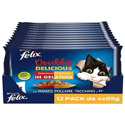 Image de Purina Felix Le Ghiottonerie Doubly Delicious Nourriture Humide pour Chats avec bœuf et poulame, Dinde Foie 48 sachets de 85 g chacune