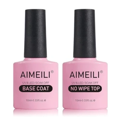 Image de AIMEILI No Wipe Top Coat et Base Semi Permanent Sans HEMA Vernis à Ongles Gel UV LED Soak Off Nail Polish Set Manucure Kit 2x10ml