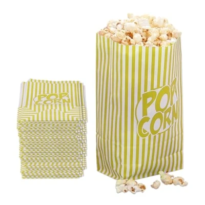 Image de Relaxdays Sachets à Popcorn, Lot de 144, rayés, Petits Sacs, pour soirée Film, en Papier, Style rétro, Jaune/Blanc