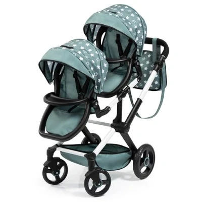 Image de Bayer Design 26758AA Landau Jumeaux pour Poupée Twin Xeo, Poussette Double, réglable, Panier intégré avec Sac à bandoulière, Vert, étoiles