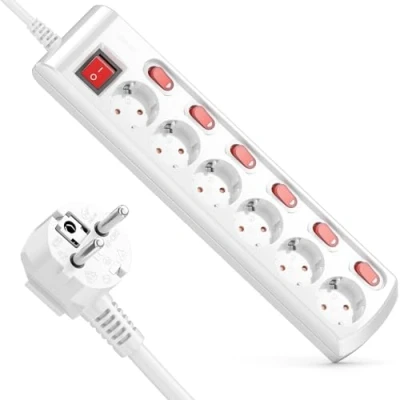 Image de deleyCON Bloc Multiprise 6 Prises Commutable Individuellement Câble de 3,0m (6X Interrupteur Marche/Aarrêt et 1x Principal) Courant Barrette Électrique Prise Multiple Blanc