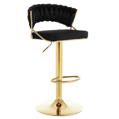 Image de WOLTU Tabouret de Bar avec Dossier Tissé et Repose Pieds, Pivotant, Hauteur Réglable, Base Évasée en Métal + Siège Rembourré Velours, Noir, BH427sz 1