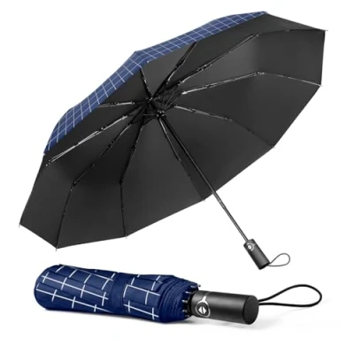 Image de TechRise Parapluie Pliable, Automatique Compact Coupe vent avec 10 Baleines, Ouverture et Fermeture Automatiques à un Seul Bouton, Portable pour Hommes Femmes, Carreaux Bleus