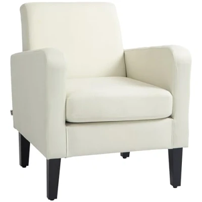 Image de HOMCOM Fauteuil individuel avec dossier, accoudoirs arrondis, rembourré lounge aspect lin, pieds en bois, pour chambre à coucher, salon, jusqu&#039;à 150 kg, blanc crème
