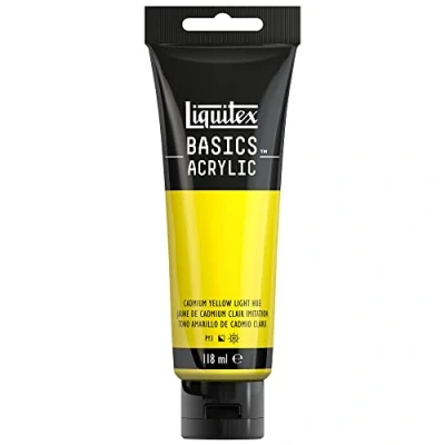 Image de Liquitex 8870016 Basics peinture acrylique, artistique monopigmentée, résistante à la lumière, qualité archive, finition satinée, tube de 118 ml Jaune Cadmium Clair Imitation