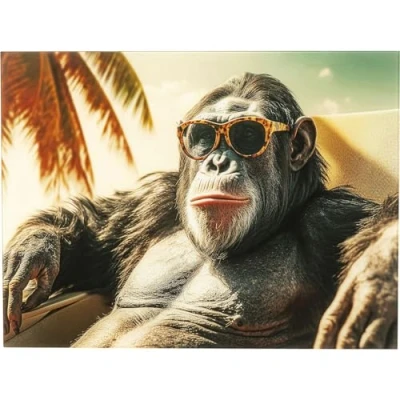 Image de Kare Tableau mural Design « Holiday Monkey » Multicolore Rectangulaire Verre de sécurité ESG 4 mm animal Singe Art Pour chambre à coucher et salon Polypropylène 80 x