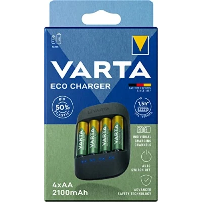 Image de VARTA Chargeur de Piles, incl. 4X AA 2100mAh, charge jusqu&#039;à 4 AA/AAA Piles rechargeables, Eco Charger, chargement à un seul emplacement, fabriqué avec 50% matière bioplastique, EcoBox