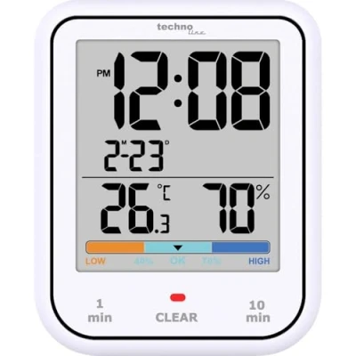 Image de Technoline WT380 Horloge numérique de Salle Bain avec hygromètre et thermomètre Étanche Minuterie Douche Fonction Compte à rebours Grand écran LCD Affichage la Date Blanc