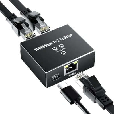 Image de GlasFlength LAN Splitter 1 Auf 2 1000Mbps Ethernet Splitter, Switch 4 Port Mit Type C Netzkabel Gigabit Stromkabel für Computer Hubs Switches Router Set Top Box Digital TV et
