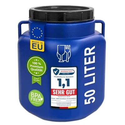 Image de plasteo® Tonneau rectangulaire à col large de 50 litres Avec couvercle et poignées Bleu Convient un usage alimentaire sans BPA en plastique universel
