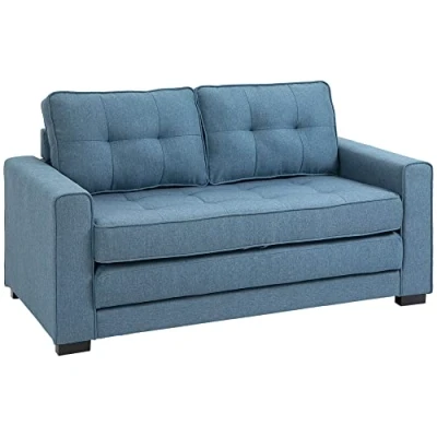 Image de HOMCOM canapé Convertible 2 Places lit clic clac en Tissu Effet Lin avec Dossier capitonné Coussins lavables pour Salon, Chambre d&#039;amis, 147,5 x 75 85 cm, Bleu
