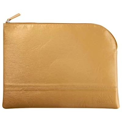 Image de RHODIA 116717C Pochette Zippée en Simili Cuir Or Taille L (21 x 28 cm) Coutures Véritables Intérieur Tissu Orange Rangement Documents, Petites Fournitures