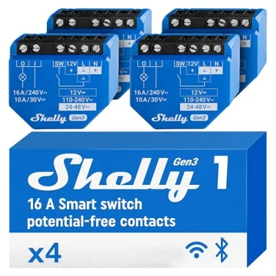 Image de Shelly 1 Gen3 Interrupteur/Commutateur connecté avec contacts secs, Wi Fi et Bluetooth, Commande à distance éclairage par app, Compatible Alexa Google Home, Aucun Hub Requis Lot de 4