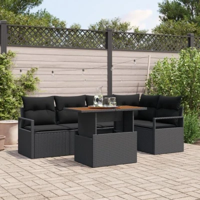 Image de Ensemble de Canapé Jardin 6 Pièces avec Coussins Noirs en Rattan Poly, 2 Places 3349715