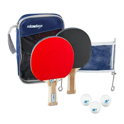 Image de Relaxdays Kit pour jouer au ping pong, avec 2 raquettes, 3 balles, 1 filet et housse de transport, multicolore