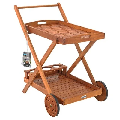 Image de Casaria® Desserte à roulettes en Bois d&#039;Acacia Chariot de Service 2 Niveaux avec 3 Porte Bouteilles Plateau