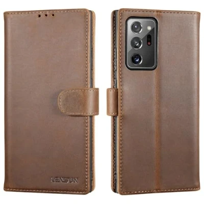 Image de LENSUN Coque Samsung Galaxy Note 20 Ultra, Etui à Rabat Cuir Véritable Portefeuille Housse Rangements Cartes et Fermoir Magnétique pour Ultra 5G Marron Foncé Rétro
