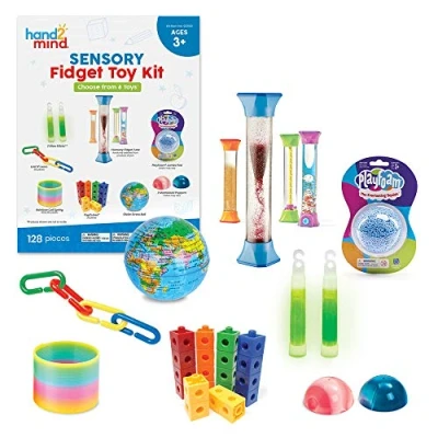 Image de Learning Resources Kit de jouets sensoriels à manipuler pour enfants, objets et réduire l’anxiété, bouteille sensorielle, mini bâtons luminescents, mousse Playfoam, chaîne