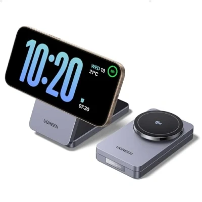 Image de UGREEN MagFlow 2 en 1 Qi2 Chargeur Induction iPhone 15W Certifié Compatible avec MagSafe 16 Plus Pro Max 15 14 13 12 AirPods 4 3 sans Fil Magnétique Rapide Pliable 70 Degrés