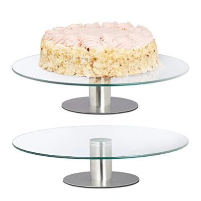 Image de Relaxdays Plateaux à gâteaux avec Pied, lot 2, rotatifs, diamètre de 30 cm, Supports en Verre, Transparent argenté